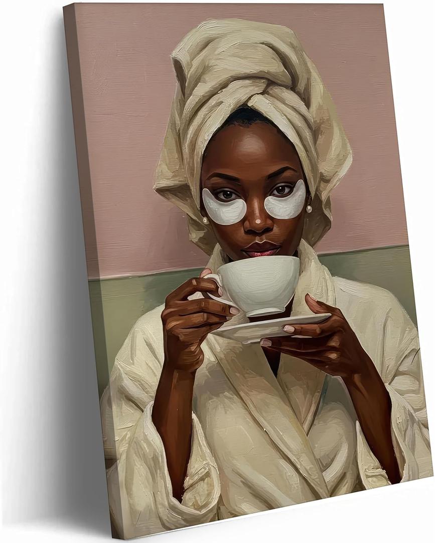 Black Woman Banthroom Canvas Wall Art Relaxing Woman Drinking Coffee Picture Wall Decor African American Black Girl Spa Poster Zen Yoga Painting Print Artwork for Restroom Toilet Washroom Home Decor, Canvas, 24L"x16W"