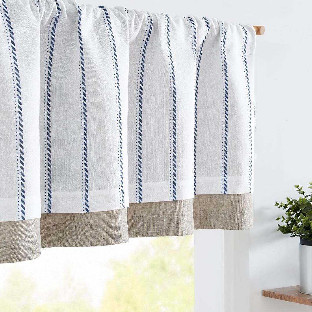 jinchan Nautical Valance Striped Linen Curtain 16 Inch Farmhouse Light Filtering Kitchen Valance for Living Room Window Double Layer Window Pinstripe 1 Panel Blue on White