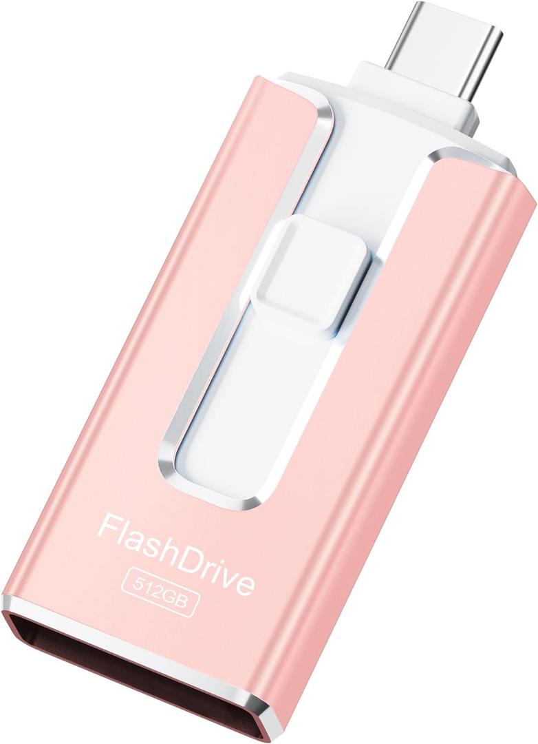 MFi Certified Flash Drive for iPhone 512GB, 3 in 1 Type-C USB Memory Stick Thumb Drive for Photos Videos, High Speed External Memory Storage Photo Stick for iPhone iPad Android PC (Rose Pink)