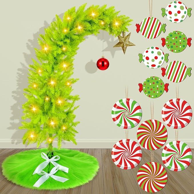 Hollowfly 3 ft Whimsical Christmas Tree Set Christmas Trees and Ornament Set Artificial Tree with Lights Xmas Green Fur Skirt Xmas Tree Topper Red Xmas Ball Candy Ornaments for Xmas Holiday