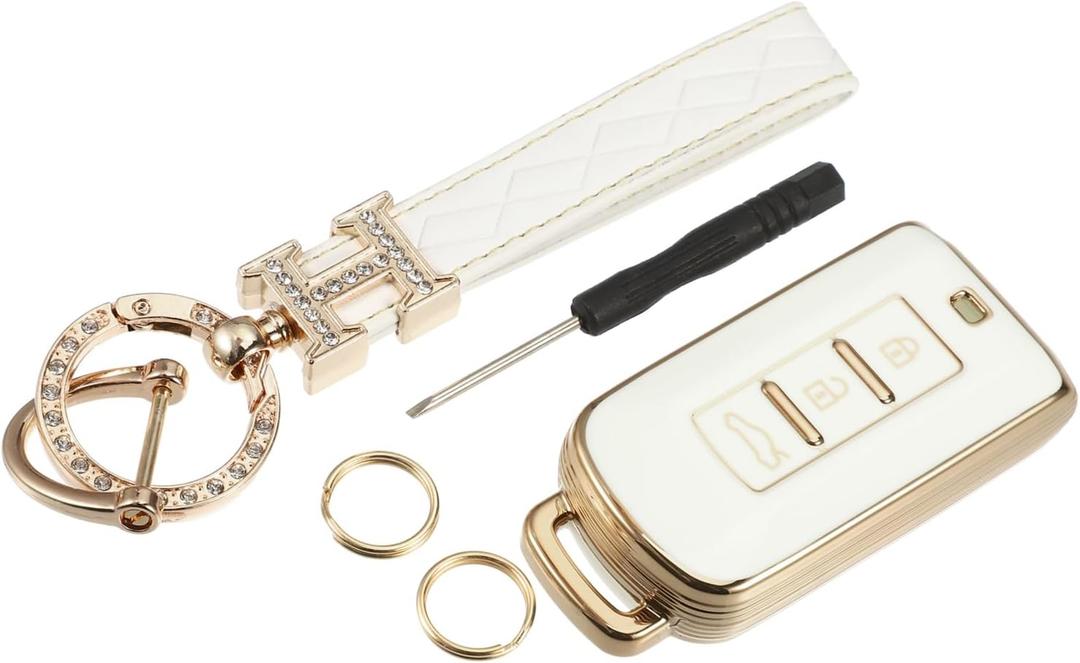 Motoforti Key Fob Cover Kit Compatible for Mitsubishi Outlander, 3 Button Gold Tone Edge Fashion Soft TPU White Remote Keyless Smart Key Fob Case Protection Shell with Keychain Long-Lasting