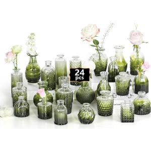 Mini Bud Vases As Wedding Centerpieces for Tables,Clear Bud Vases for Flowers,Small Flower Vases Suitable for Birthday Party,Anniversary,Wedding Reception,Baby Shower (Dark Green, 24PCS)