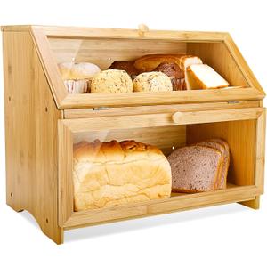 HOMEKOKO Double Layer Large Bread Box for Kitchen Counter, Wooden Large Capacity Bread Storage Bin (Natural Bamboo)