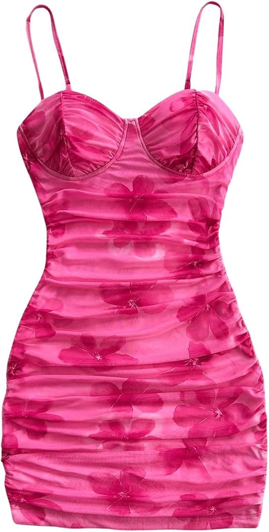 SOLY HUX Women's Summer Floral Corset Dress Spaghetti Strap Ruched Mesh Bodycon Vacation Mini Dresses (Medium, Hot Pink)