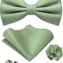 JEMYGINS Solid Color Pre-tied Bow Tie and Pocket Square Cufflinks Lapel Pin Sets for Men 4PCS (Sage Green)