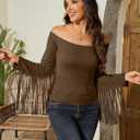 Fringe Tops for Women Western Cowgirl Off The Shoulder Fall Long Sleeve with Tassels Stretchy Crop Shirts Blouses (Brown, XL)