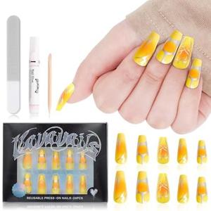 VAVAVAILS Long Coffin Press On Nails - Y2K Salon-Quality Fake Nails for Summer & Parties, Mirage Design, Reusable Bold Glam Press Ons, 12 Sizes - 24 Pcs with Glue & Jelly Gel, Bright Yellow