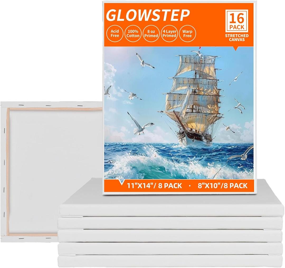 Stretched Canvas for Painting, 16 Pack Painting Canvas for Adults & Kids (8 of 8"x10" and 8 of 11"x14"), 4-Layer 8oz Primed 100% Cotton Canvas, Acid-Free, Warp-Free, for Acrylic and Oil Painting