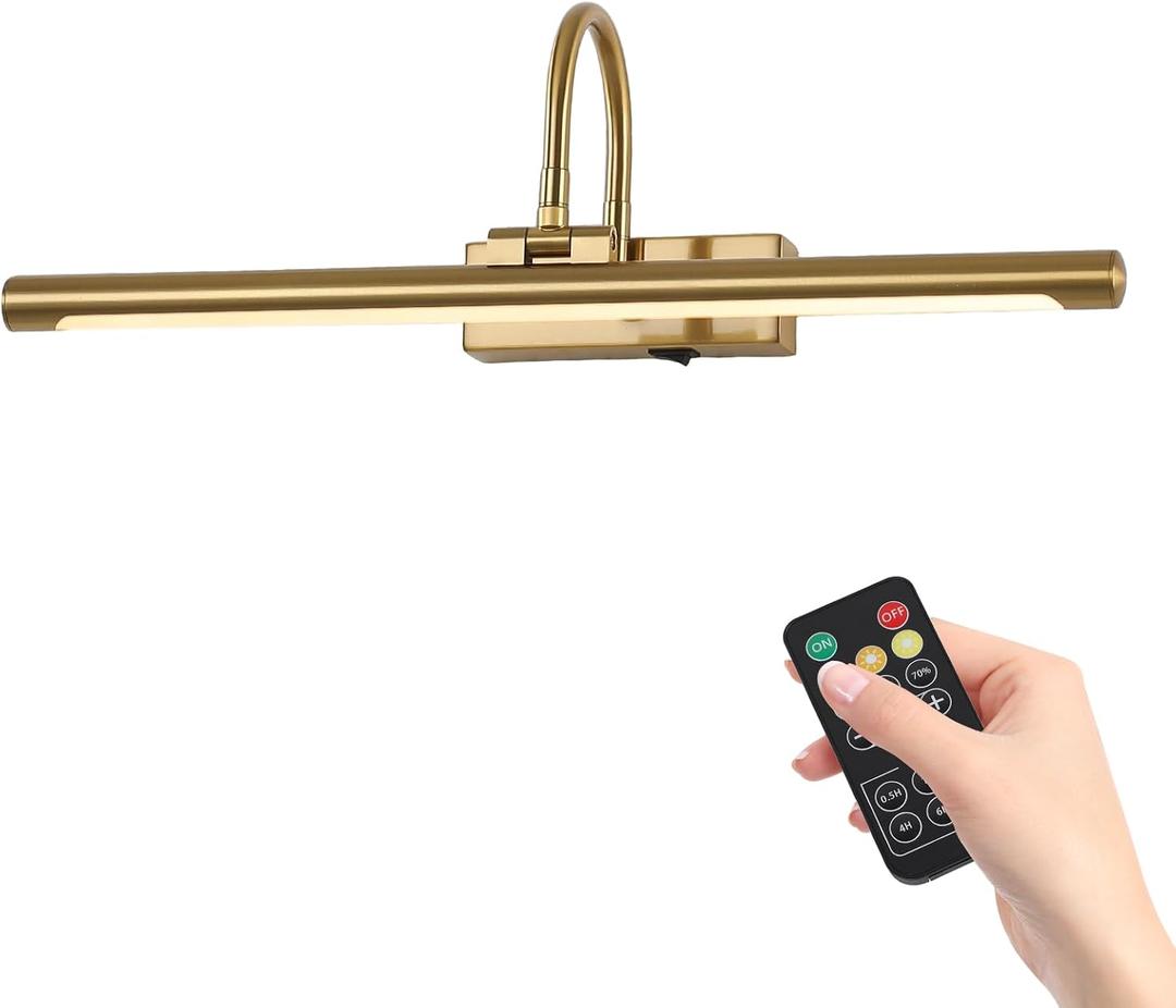 20" Wireless Battery Operated Picture Light for Wall Brass Gold Rechargeable Wall Light with Remote and Timer 9000mAh Art Light for Paintings 3CCT Dimmable Art Light for Pictures Display, 20IN