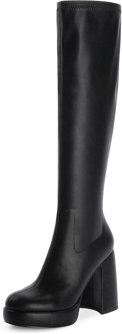 Modatope Platform Knee High Boots for Women Chunky Heel Rounded Toe Womens Knee High Boots Side Zipper Tall Boots (9.5)