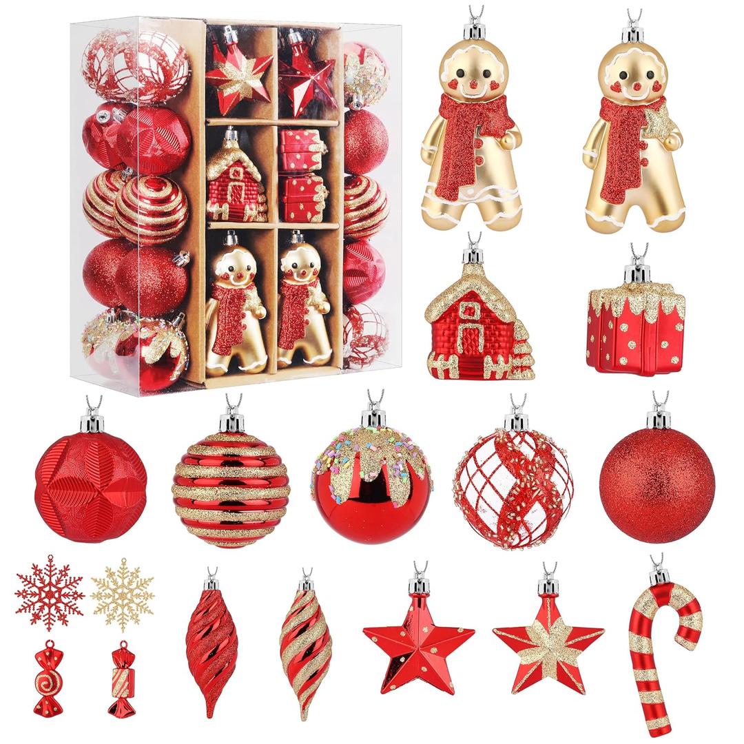 SHareconn 65pcs Christmas Tree Ornaments Set, Shatterproof Christmas Gingerbread Man Balls Bulk Gift Boxes, Hanging Plastic Decorative Baubles for Xmas Trees Decorations, Holiday Party, Red Gold (65CT)