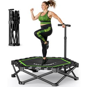 EAST MOUNT 42" Foldable Mini Trampoline for Adults, Quiet Fitness Rebounder with Adjustable Handle, No-Assembly Indoor Exercise Trampoline, 450LBS Capacity