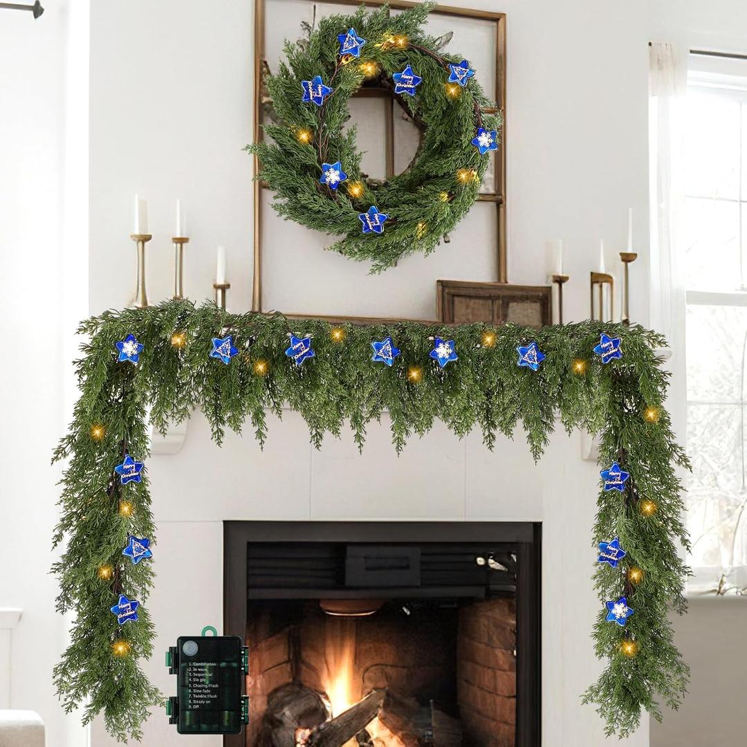 2 Pcs 6.2ft Prelit Realistic Christmas Cedar Garland with Star Lights Artificial Cypress Garland Battery Operated with Timer for Table Mantle Christmas Decor (Blue)