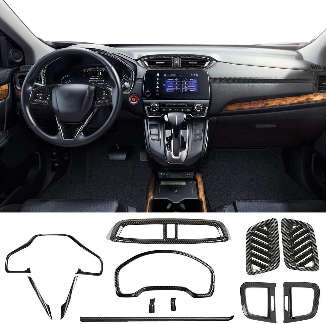for Honda CRV CR-V 2017~2022 Full Set of Car Interiors Instrument Panel Decorative Center Console Moulding Trim Air Outlet Automotive Steering Wheel Cover Accessories 12Pcs (Carbon Fiber)