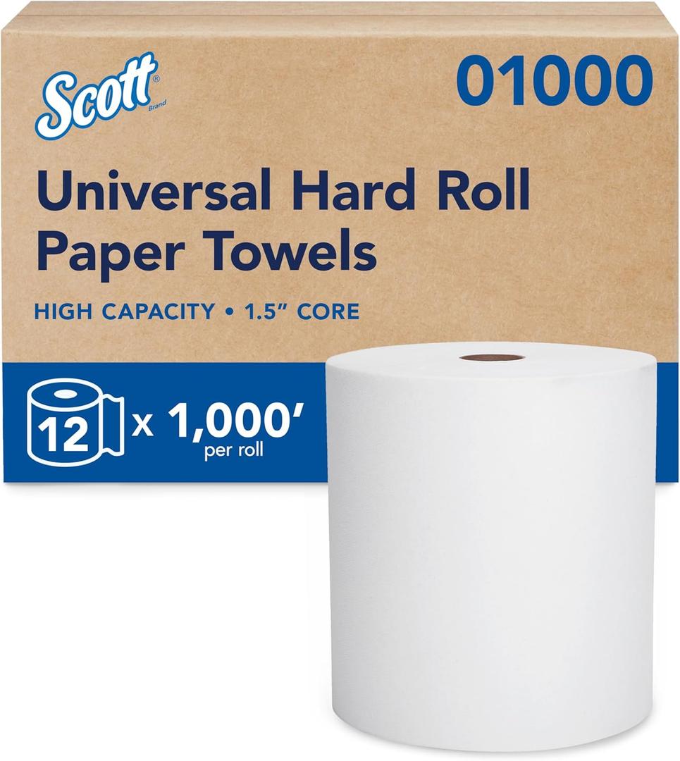Scott Professional Essential Universal High-Capacity Hard Roll Paper Towels, Bulk (01000), Hardwound 1.5" Core, Absorbency Pockets, White (12 Rolls at 1,000' Each, 12,000'/Case), 12 Count