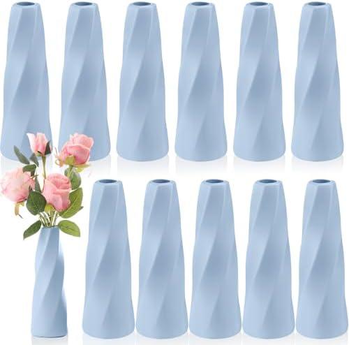 Ninehaoou 12 Pack Composite Plastic Flower Vases Bulk, Grey Blue Small Tall Conic Floral Vases for Centerpieces Unbreakable Bud Table Shelf Home Decoration for Wedding Party Living Room Decor