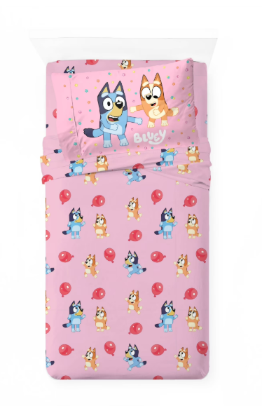 Bluey Balloon Party Kids 3 Piece Pink Bed Sheet Set, Twin