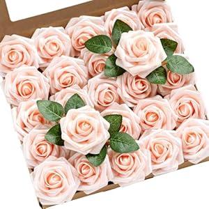 Ling's Moment Artificial Flowers Glowing Blush Pink Flowers Foam 25pcs Glitter Roses Real Looking Fake Roses w/ Stem for DIY Wedding Bouquets Centerpieces Bridal Shower Party Home Decorations