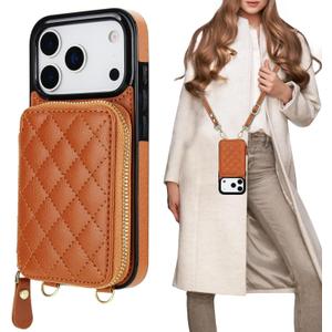 Bocasal Crossbody Wallet Case for iPhone 17 Pro, RFID Blocking PU Leather Zipper Handbag Purse Flip Cover, Kickstand Folio Case with Card Slots Holder Wrist Strap Lanyard 5G 6.3 Inch (Brown)