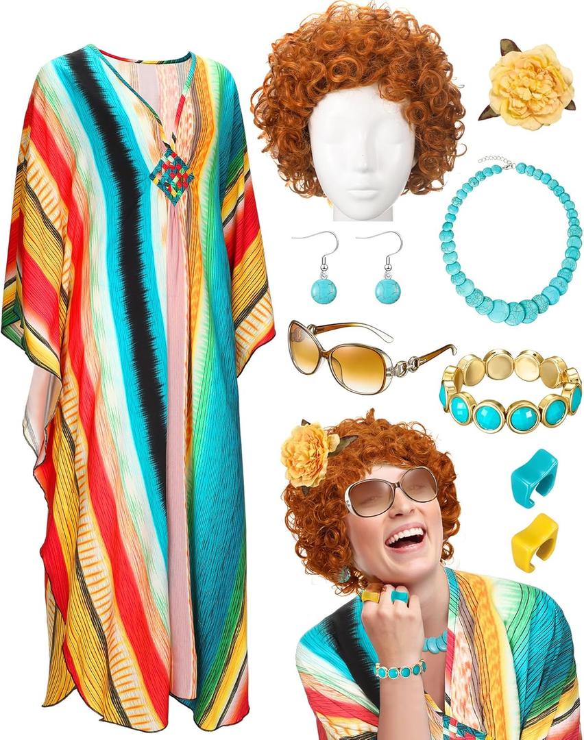 Velmitten Landlady Costume Including Caftan Dress Curly Wig Necklace Earring Sunglasses Rings Hair Clip for Halloween Cosplay (Orange and Green Striped)
