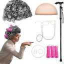 Santoy Old Grandma Wig Costume Set for Women and Girls - Perfect for 100th Day of School, Halloween Cosplay, Includes Lady Granny Gray Wig, Cane and Other Accessories for Adults and Kids