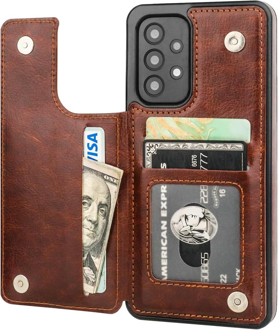 ONETOP Compatible with Samsung Galaxy A53 Wallet Case with Card Holder, PU Leather Kickstand Card Slots Case, Double Magnetic Clasp and Durable Shockproof Cover 5G 6.5 Inch(Brown)