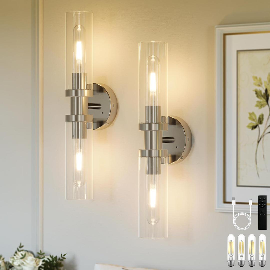 Rayogale Nickel Wireless Battery Operated Wall Sconce with Remote Control | Dimmable Rechargeable Wall Lights Set of 2, Timer, No Hardwire, Touch Control, 8000mAh, 3000K, Glass, Emergency, 16.5 Inch, 21"