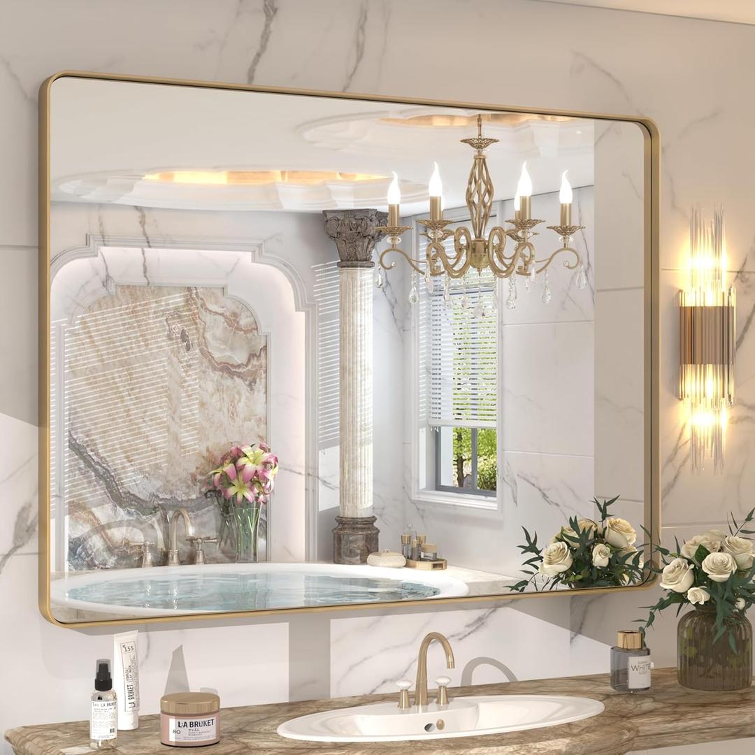 CHARMOR 44x36 Gold Framed Mirror for Bathroom, Brushed Gold Brass Bathroom Mirror, Rectangle Gold Bathroom Vanity Mirror for Wall, Shatterproof, Anti-Rust, Hangs Horizontally or Vertically