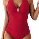 B2prity One Piece Swimsuit for Women Tummy Control Halter Bathing Suit V Neck Push Up Swim Suit Ruched Swimwear (X-Large, Red)