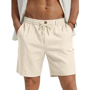 PLEPAN Mens Casual Linen Shorts - 7 inch Elastic Waist Drawstring Summer Beach Vacation Short (Large, Beige)