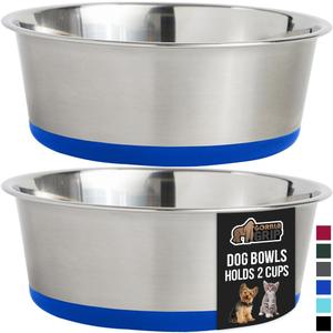 GORILLA GRIP Set of 2 Dog Bowls, Heavy Duty Metal Food and Water Bowl for Feeding Dogs and Cats, Dishwasher Safe, Rust Resistant Stainless Steel, BPA Free Rubber Base, Holds 2 Cups (16 fl oz), Blue