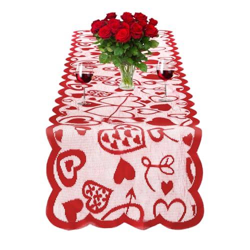 Valentines Table Runner, 13x72 Inch Valentines Day Table Runner Red Lace Table Runner Heart Shaped Love Table Runner Valentine Runner for Wedding Anniversary Engagement Valentines Table Decorations Pack of 4