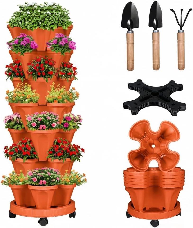 Vertical Strawberry Planter 7 Tier Stackable Tower Herb Planters Stacking Outdoor Garden Red Planters Pot with Tools Mover for Growing Flowers, Vegetables and Succulents