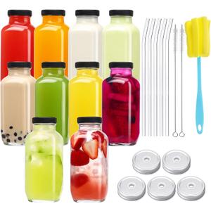 CUCUMI 10pcs 16oz Glass Juice Bottles with Lids, Reusable Juice Containers Drinking Jars Water Cups with Brush, Glass Straws, Lids with Hole | 10pcs, with Lids, Reusable, Juice Containers, Drinking Jars, Water Cups