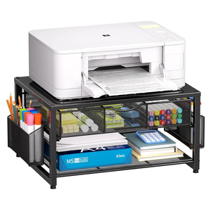 Marbrasse Metal Printer Stand for Desk with Storage Drawer and 2 Pen Holders, 2-Tier Desktop Organizer Printer Table for Home Office, Multi-Purpose Desk Organizer for Fax Machine Scanner Files(Black)