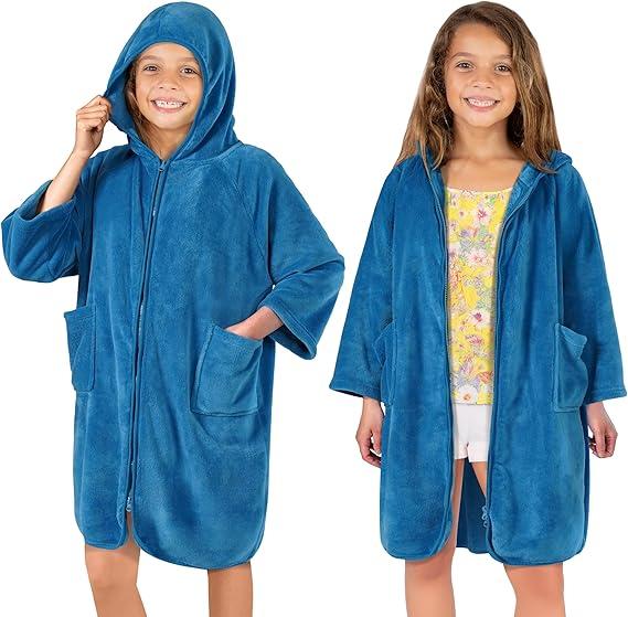 Hooded Towel Robe for Kids, Zip Up Swim Parka Beach Cover Up for Girls Boys, Surf Poncho Changing Bath Towel 7-10, Sea Blue, M