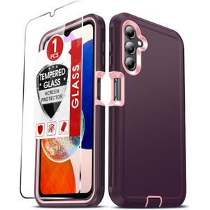 LeYi Compatible for A14 5G Case: Samsung A14 5G Case with [1 Pack] Tempered Glass Screen Protectors, 3 in 1 Full Body Shockproof Rubber Dustproof Rugged Defender Phone Case A 14 5G, Wine Red/Pink