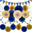 Blue Gold Party Decorations, Graduation Season Hanging Glitter Triangle Flags Banner Paper Fan Tissue Pom Poms Garlands, Boy Men Party, Bridal Shower, Navy Blue Themed Birthday