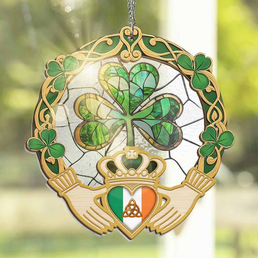 FLAGWIX St Patricks Day Decorations - Saint Patricks Day Decor Double Layered 12 inch Hanging Suncatcher - Irish Shamrock Celtic Cross Home Decoration, Gifts for Women Men, Gifts for Friends