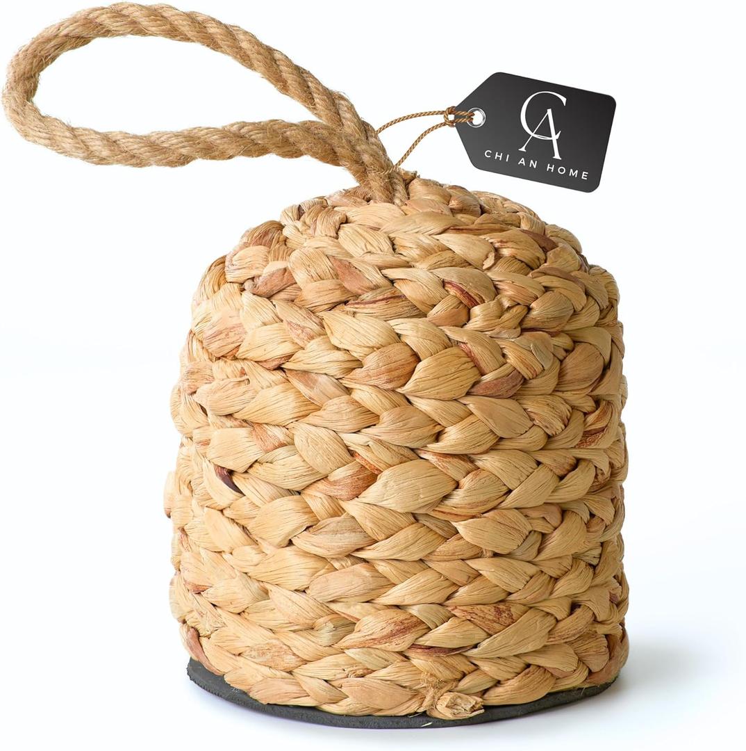 CHI AN HOME 4.4lbs Natural Door Stopper for Bottom of Door Decorative Heavy Duty Door Stop with Handle Wicker Cute Door Stopper for Modern Farmhouse Water Hyacinth Home Decor 4.7" D x 6.3" H