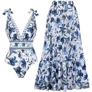 FLAXMAKER Blue and White V Neck Lace Up Strip Plant Prints One Piece Swimsuit and Skirt/Sarong, XL