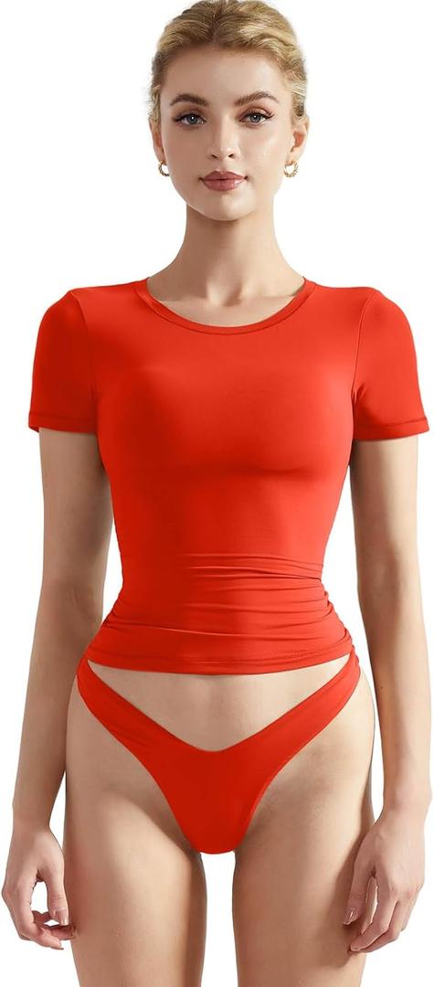 SUUKSESS Women Double Lined Fitted Basic Tee Crew Neck Short Sleeve Y2K Crop Top (Medium, Dream Red)