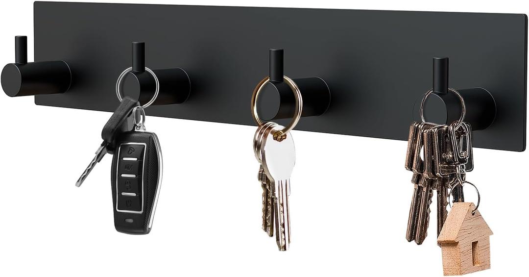 VIS'V Magnetic Key Holder Wall Mount, Metal Adhesive Key Hanger with 4 Hooks, No Drilling, 2 Mount Options, Black, Large