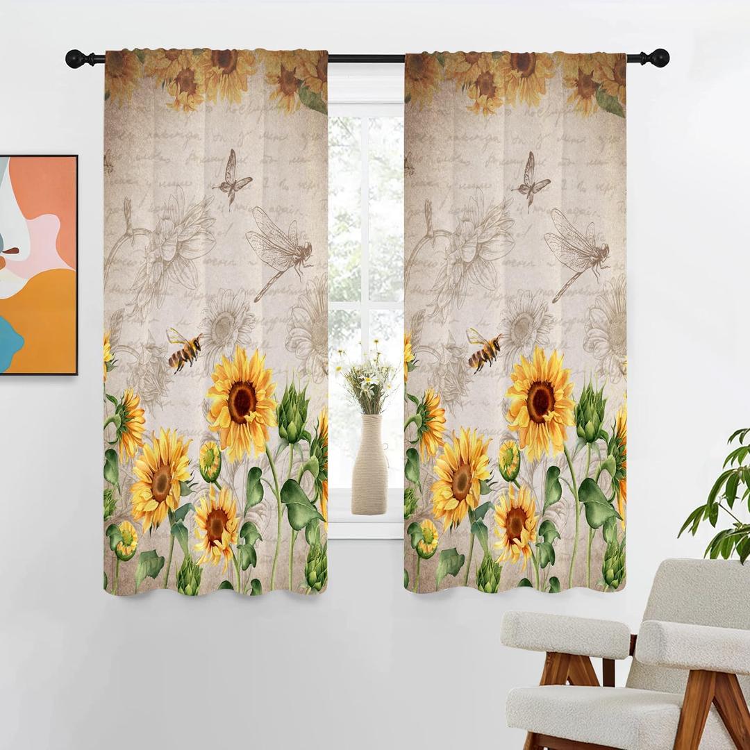 Sunflower Curtains 42" W x 63" L Yellow Floral Flower Daisy Farmhouse Country Vintage Cottage Woman Retro Rod Pocket Living Room Bedroom Window Drapes Treatment Fabric 1 Pair