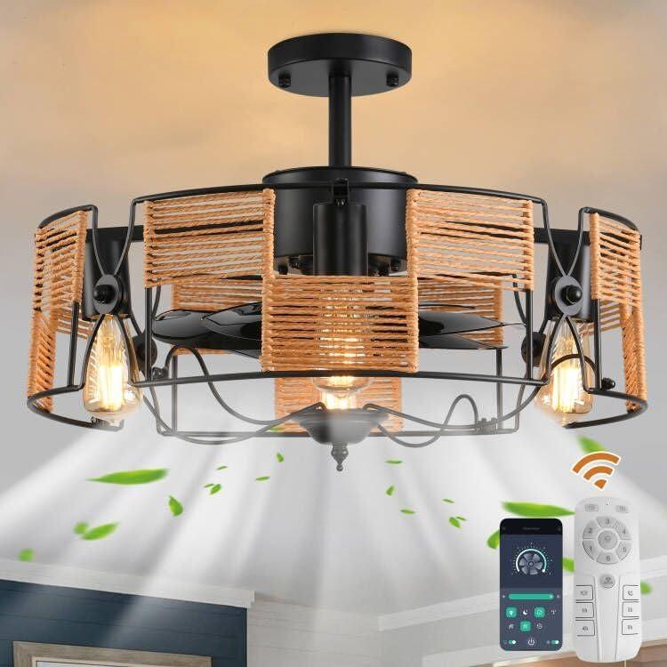 Garwarm 19.6in Caged Ceiling Fan with Light,Boho Rattan Flush Mount Ceiling Fan,Fandelier Ceiling Fan with Remote,Farmhouse Fan Lights Ceiling Fixtures for Kitchen, Bedroom6 Speed, Timing-Black