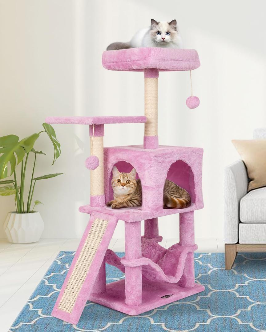 MIAO PAW Pink Cute Cat Tree for Indoor Cat Tower with Scratching Post Modern Activity House Hammock Hanging Ball Condo with Board (40.7")