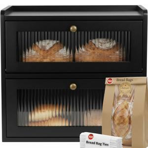 Bread Box for Kitchen Countertop - Wooden 2 Tier Bread Box with 10x Bread Bags and 10x Bread Bag Ties Vintage Breadbox Bread Storage Container Farmhouse Food Organizer Pantry Shelf (Black)