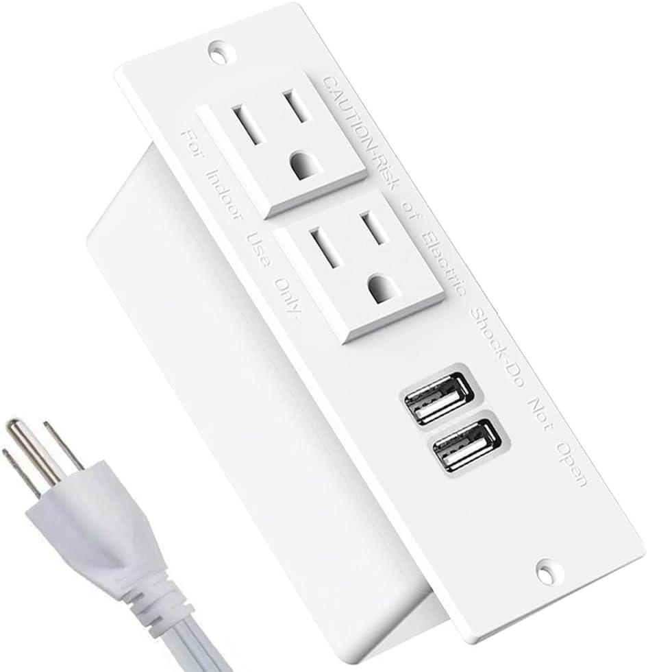 Furniture Recessed Power Strip, Power Outlets, Desk Outlet with USB, Authoritative Certification with 2 AC Plugs, 2 USB Ports Connect with 6.56ft Power Cord (White)