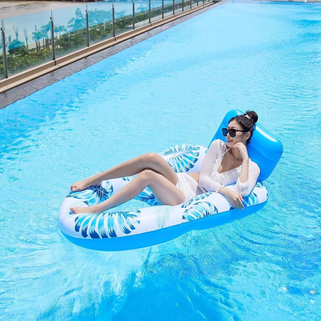2 in 1 Floating Recliner Pool, Deluxe Inflatable Pool Float Adult with Backrest and Cup Holder, Cool Fun Pool Chair Float Bed, Pool, Beach, Enjoy Vacation, Age 15 + (Baby blue)