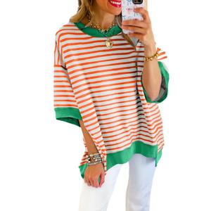 SHEWIN Shirts for Women 2026 Loose Short Sleeve Sweatshirt Cute Womens Summer Tops Dressy Casual Crewneck Color Block Tee Shirt Trendy Spring Outfits White and Orange Stripe XL